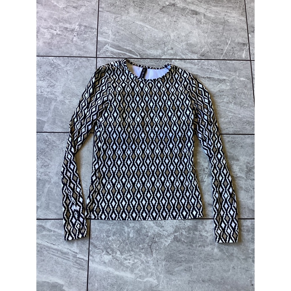 La Blanca Women Long Sleeve Rash Guard Swim Top Geometric Ikat Black White Tan L